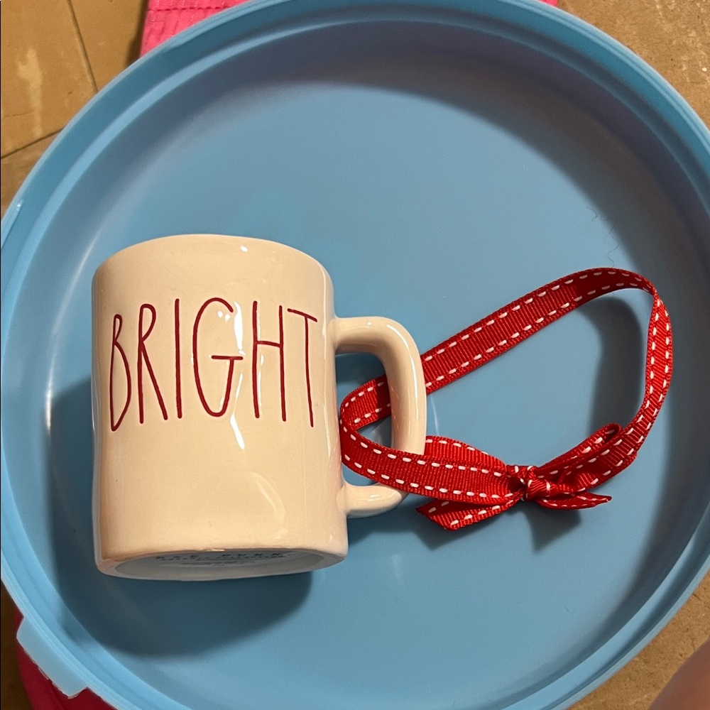 Rae Dunn White Mug with Red Ribbon Accent